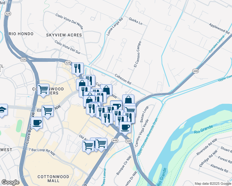 map of restaurants, bars, coffee shops, grocery stores, and more near 3405 Calle Cuervo Northwest in Albuquerque