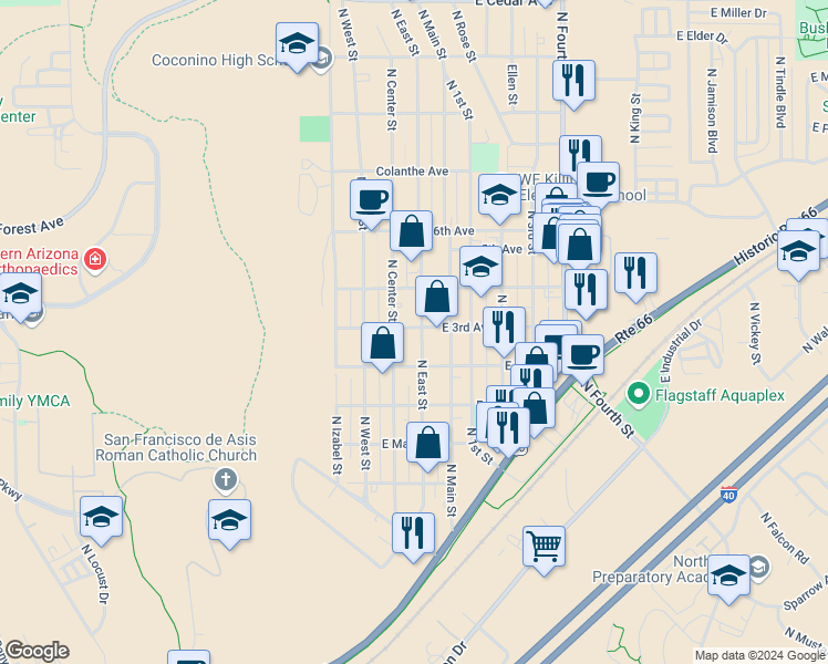 map of restaurants, bars, coffee shops, grocery stores, and more near 2009 North East Street in Flagstaff