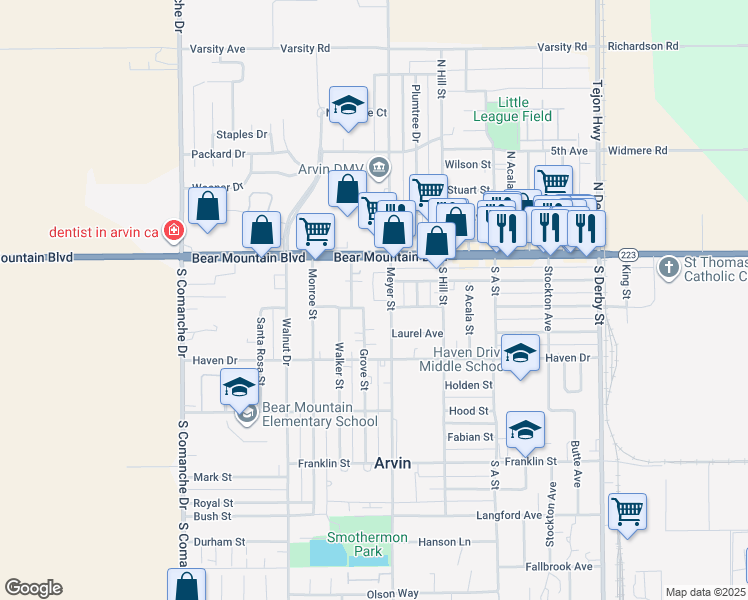 map of restaurants, bars, coffee shops, grocery stores, and more near 200 Morton Place in Arvin