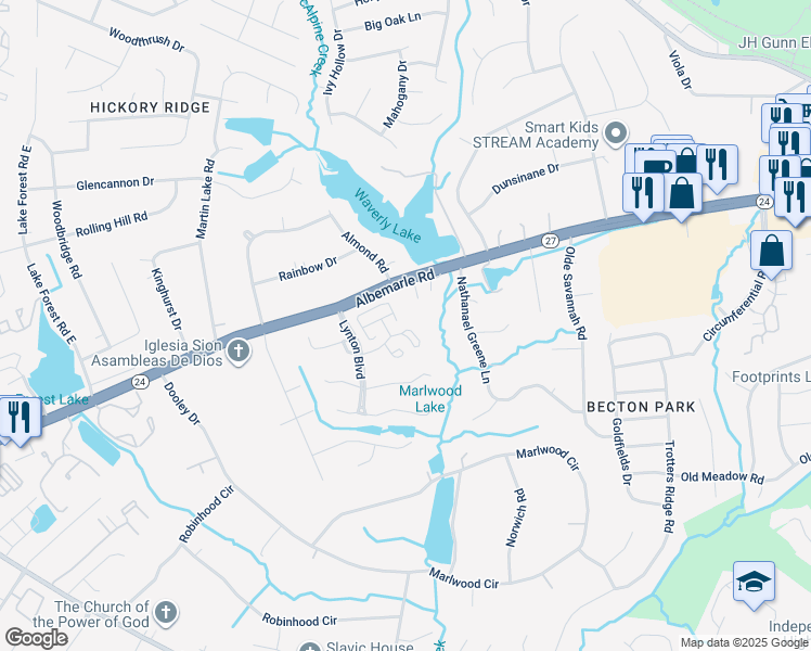 map of restaurants, bars, coffee shops, grocery stores, and more near 5616 Ebley Lane in Charlotte