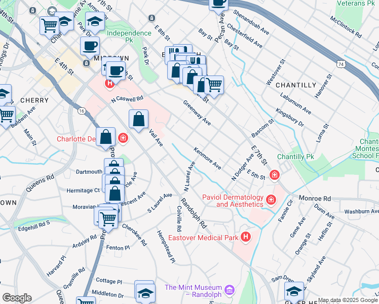 map of restaurants, bars, coffee shops, grocery stores, and more near 2221 Kenmore Avenue in Charlotte
