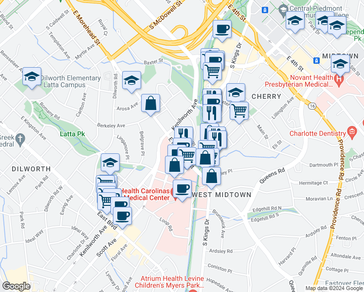 map of restaurants, bars, coffee shops, grocery stores, and more near 1328 Harding Place in Charlotte
