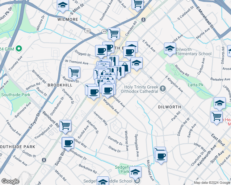 map of restaurants, bars, coffee shops, grocery stores, and more near 2058 Atherton Heights Lane in Charlotte