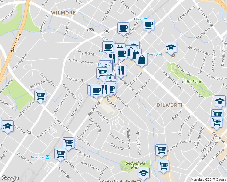 map of restaurants, bars, coffee shops, grocery stores, and more near in Charlotte