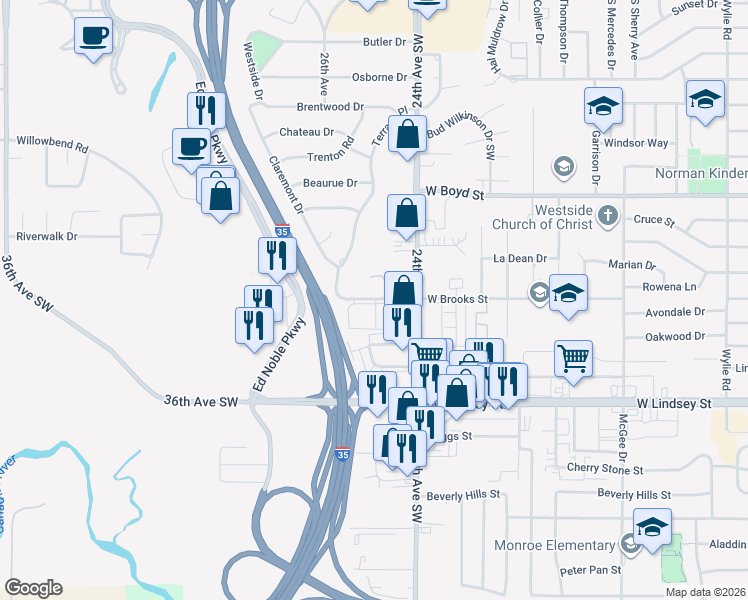 map of restaurants, bars, coffee shops, grocery stores, and more near 812 Douglas Drive in Norman