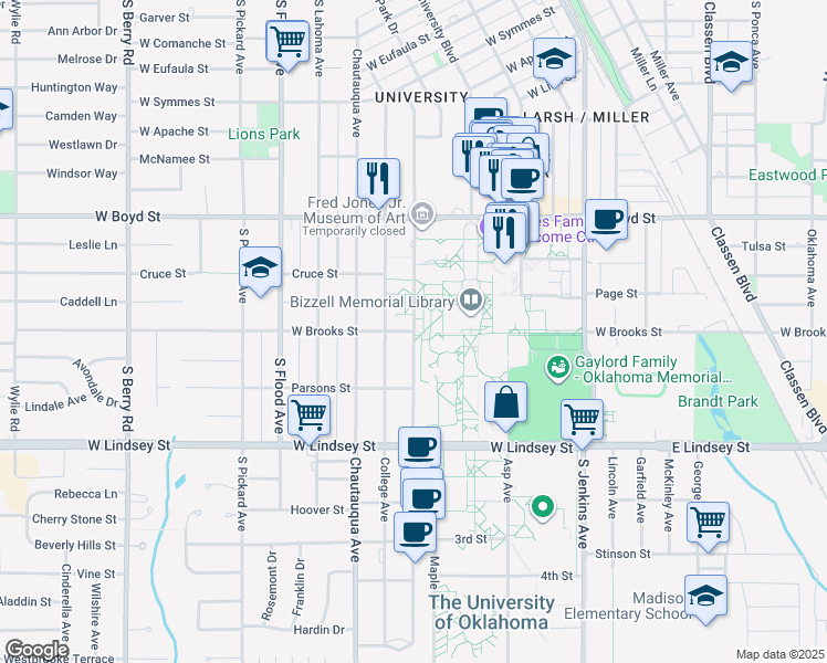map of restaurants, bars, coffee shops, grocery stores, and more near 401 West Brooks Street in Norman
