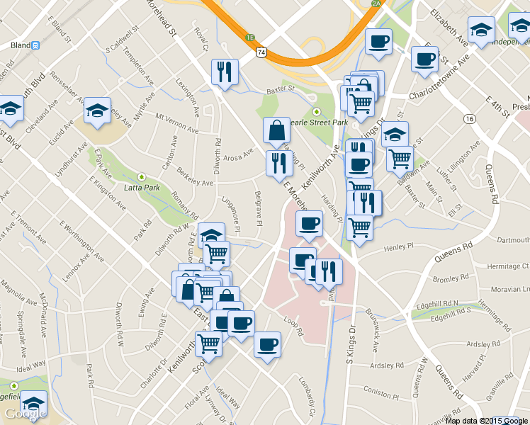 map of restaurants, bars, coffee shops, grocery stores, and more near 1207 Belgrave Place in Charlotte