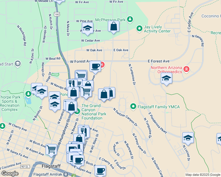 map of restaurants, bars, coffee shops, grocery stores, and more near 1150 North San Francisco Street in Flagstaff
