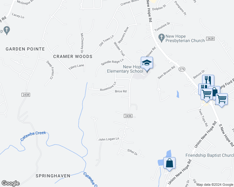 map of restaurants, bars, coffee shops, grocery stores, and more near 126 Brice Road in Gastonia