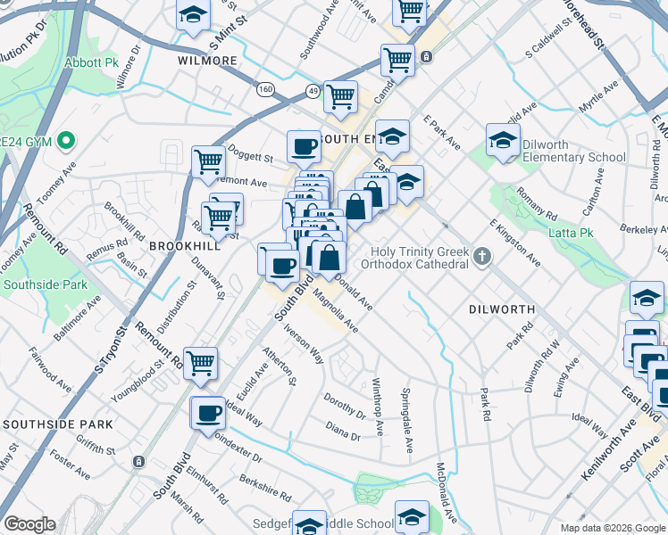 map of restaurants, bars, coffee shops, grocery stores, and more near 2058 Atherton Heights Lane in Charlotte