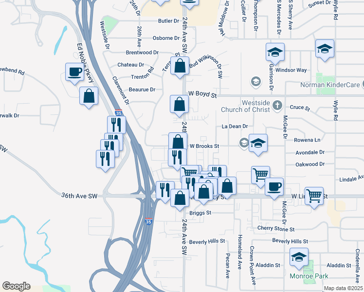 map of restaurants, bars, coffee shops, grocery stores, and more near 2402 West Brooks Street in Norman