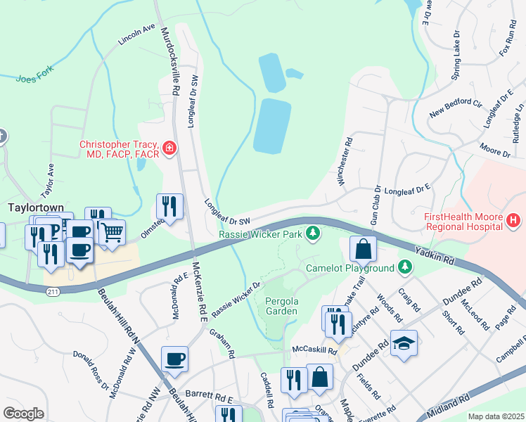 map of restaurants, bars, coffee shops, grocery stores, and more near 251 Longleaf Drive Southwest in Pinehurst