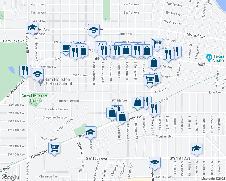 map of restaurants, bars, coffee shops, grocery stores, and more near 3112 Line Avenue in Amarillo
