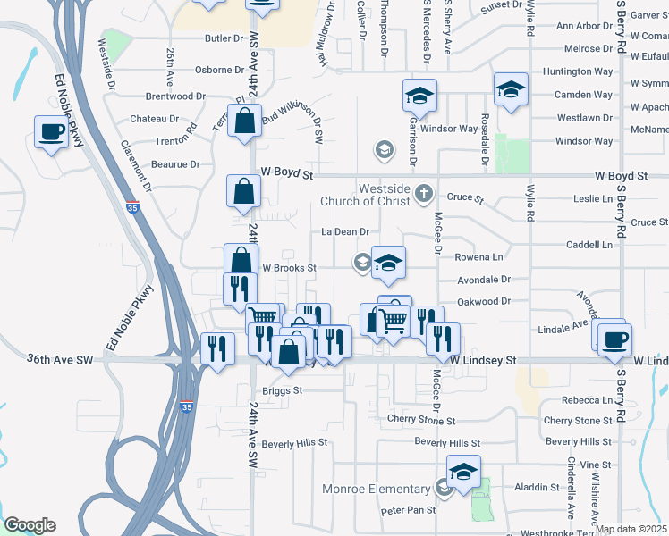 map of restaurants, bars, coffee shops, grocery stores, and more near 2116 West Brooks Street in Norman