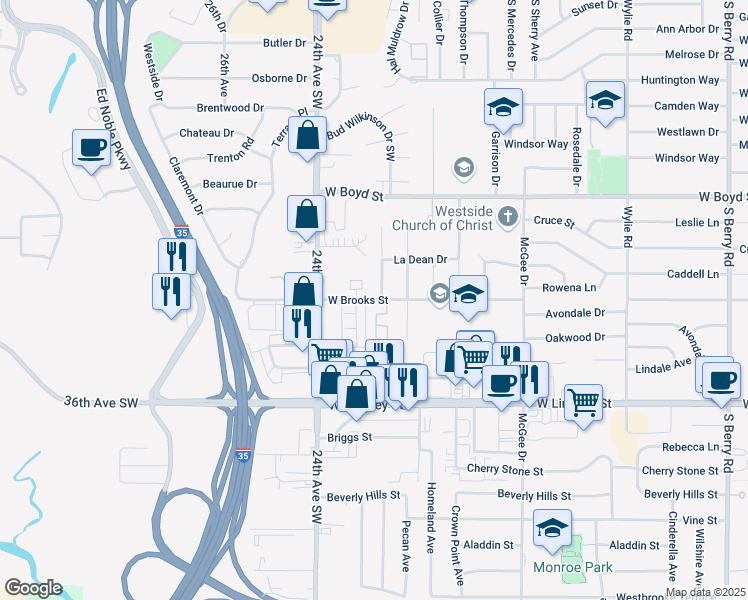 map of restaurants, bars, coffee shops, grocery stores, and more near 2168 West Brooks Street in Norman