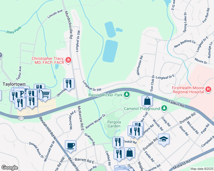 map of restaurants, bars, coffee shops, grocery stores, and more near 245 Longleaf Drive Southwest in Pinehurst