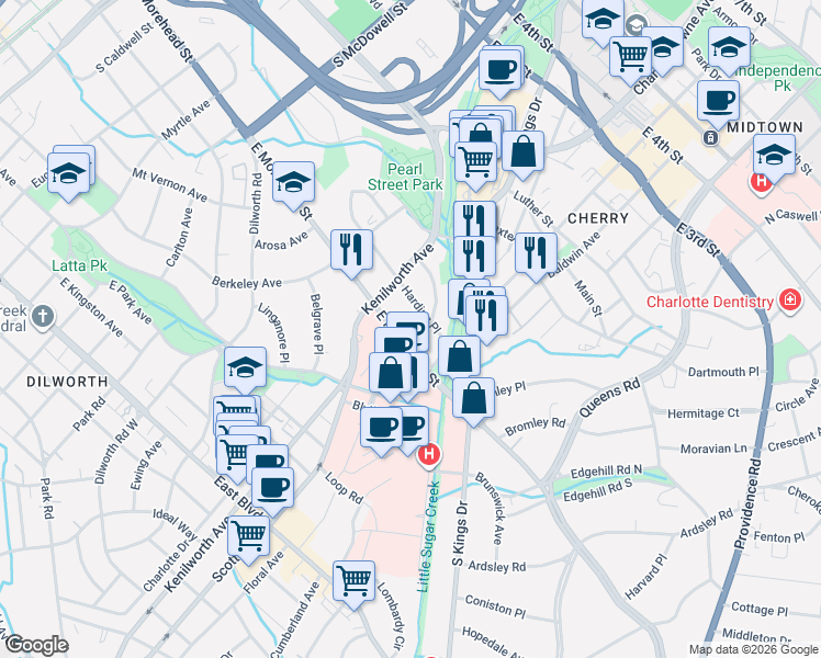 map of restaurants, bars, coffee shops, grocery stores, and more near in Charlotte