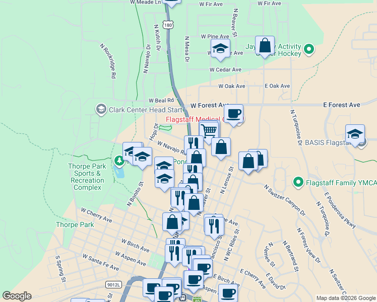 map of restaurants, bars, coffee shops, grocery stores, and more near 376-552 N Fort Valley Rd in Flagstaff