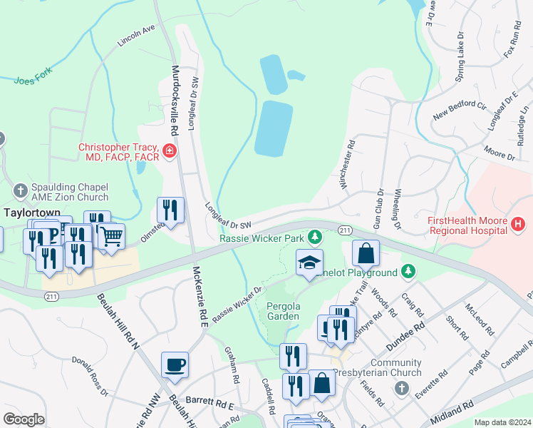 map of restaurants, bars, coffee shops, grocery stores, and more near 255 Longleaf Drive Southwest in Pinehurst