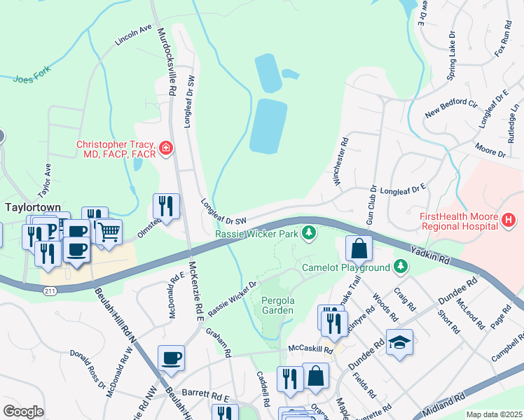 map of restaurants, bars, coffee shops, grocery stores, and more near 239 Longleaf Drive Southwest in Pinehurst