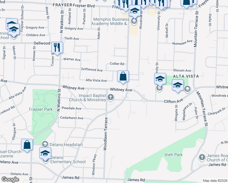 map of restaurants, bars, coffee shops, grocery stores, and more near 2042 Whitney Avenue in Memphis