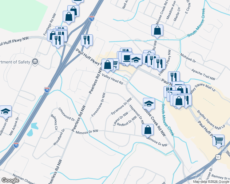 map of restaurants, bars, coffee shops, grocery stores, and more near 900 Haywood Drive Northwest in Cleveland