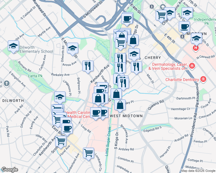 map of restaurants, bars, coffee shops, grocery stores, and more near in Charlotte