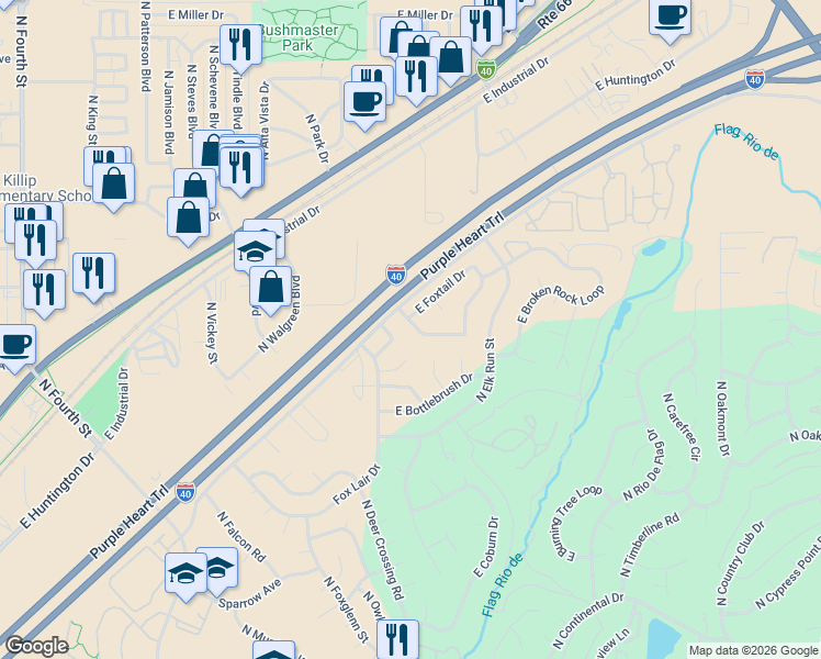 map of restaurants, bars, coffee shops, grocery stores, and more near 2501 North Fox Run Drive in Flagstaff