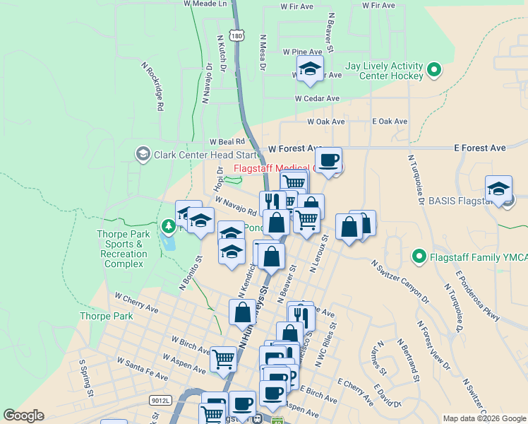 map of restaurants, bars, coffee shops, grocery stores, and more near 406 West Navajo Road in Flagstaff