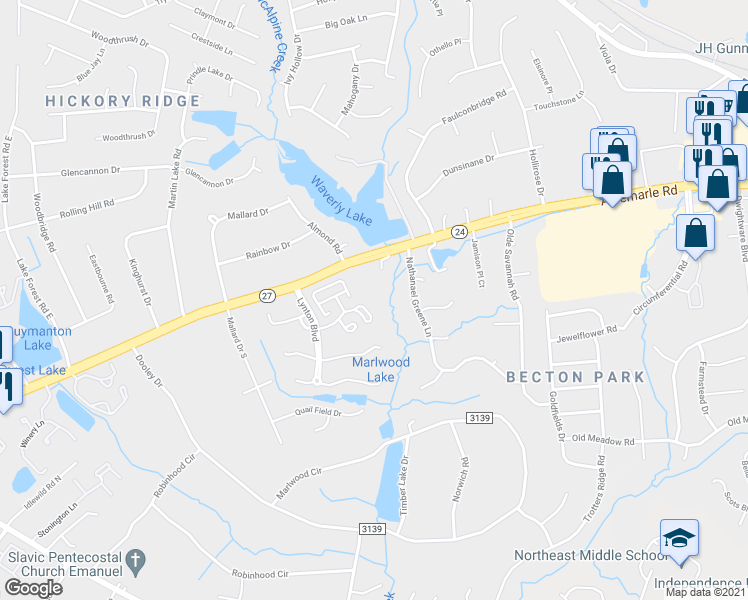 map of restaurants, bars, coffee shops, grocery stores, and more near 8018 Nathanael Greene Lane in Charlotte