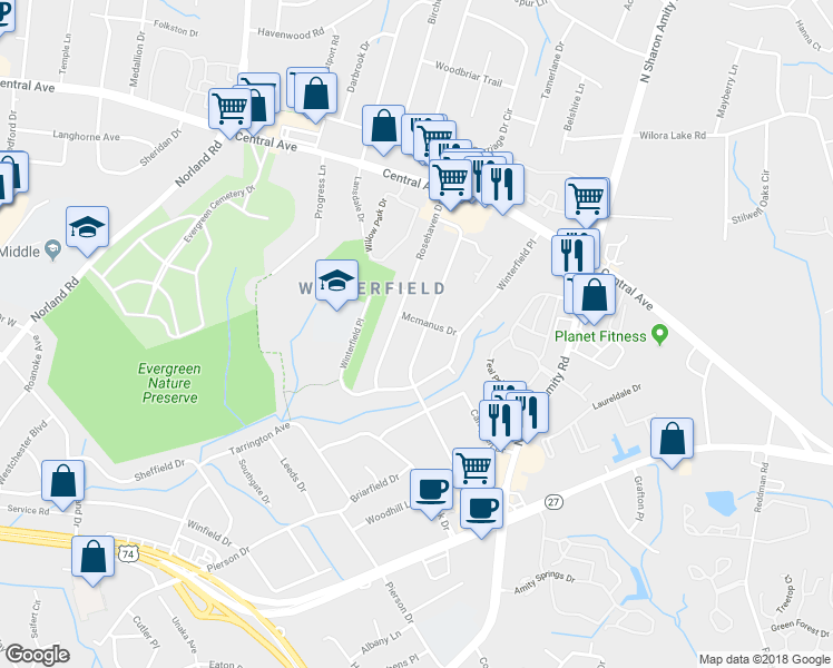 map of restaurants, bars, coffee shops, grocery stores, and more near 3626 Rosehaven Drive in Charlotte