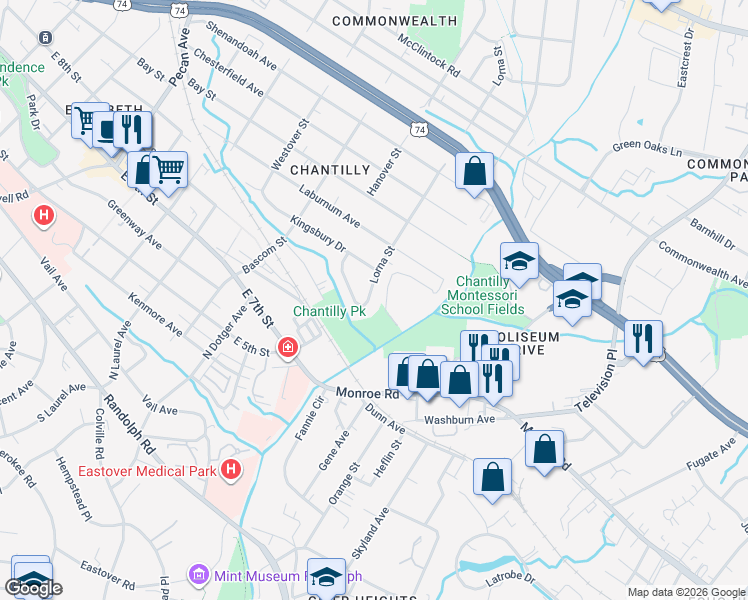 map of restaurants, bars, coffee shops, grocery stores, and more near 524 Lorna Street in Charlotte