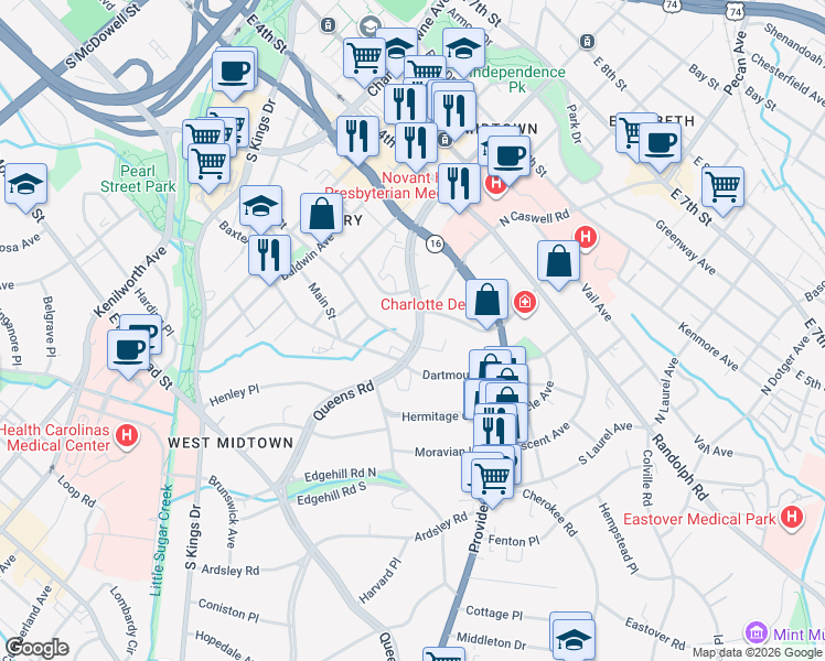 map of restaurants, bars, coffee shops, grocery stores, and more near in Charlotte