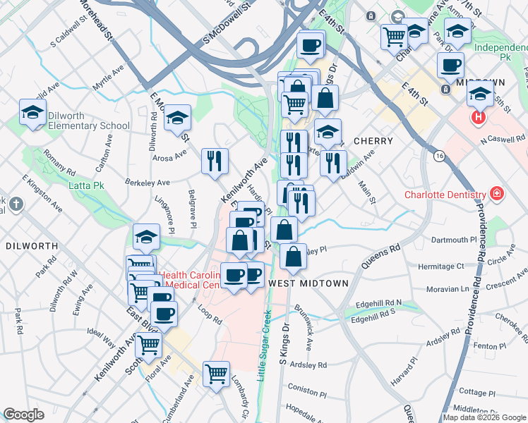 map of restaurants, bars, coffee shops, grocery stores, and more near in Charlotte