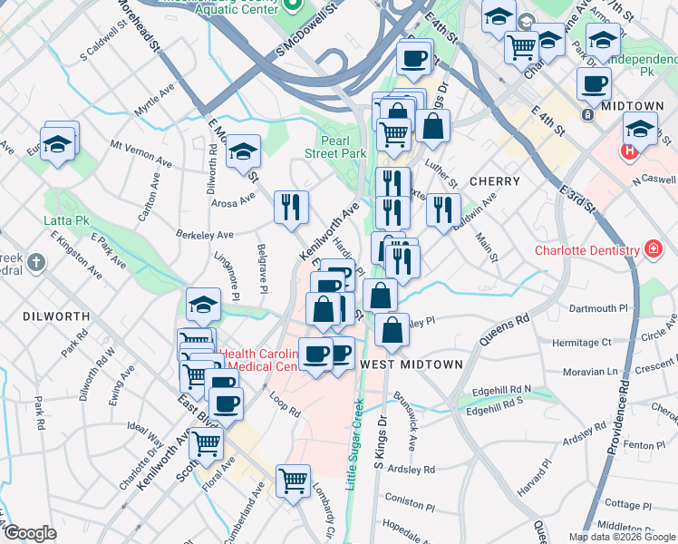 map of restaurants, bars, coffee shops, grocery stores, and more near in Charlotte