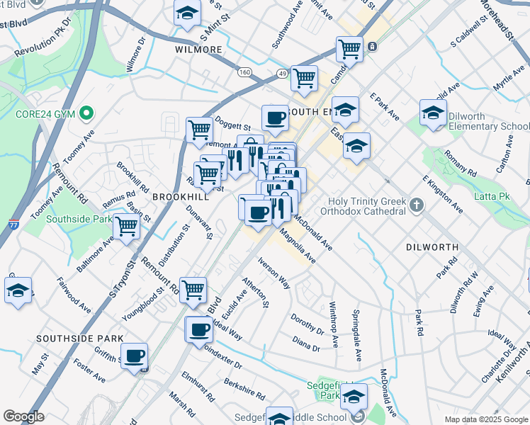 map of restaurants, bars, coffee shops, grocery stores, and more near 2108 South Boulevard in Charlotte