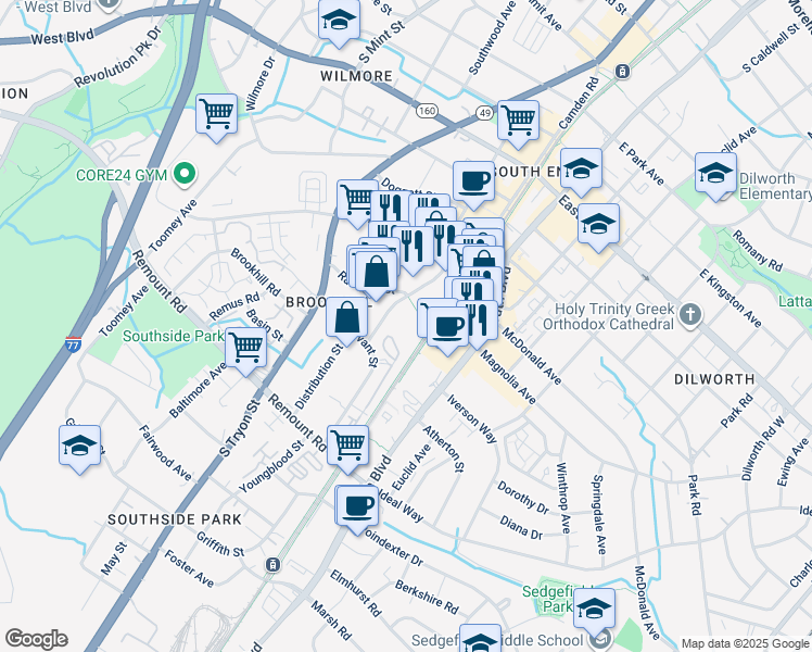 map of restaurants, bars, coffee shops, grocery stores, and more near 2201 Hawkins Street in Charlotte