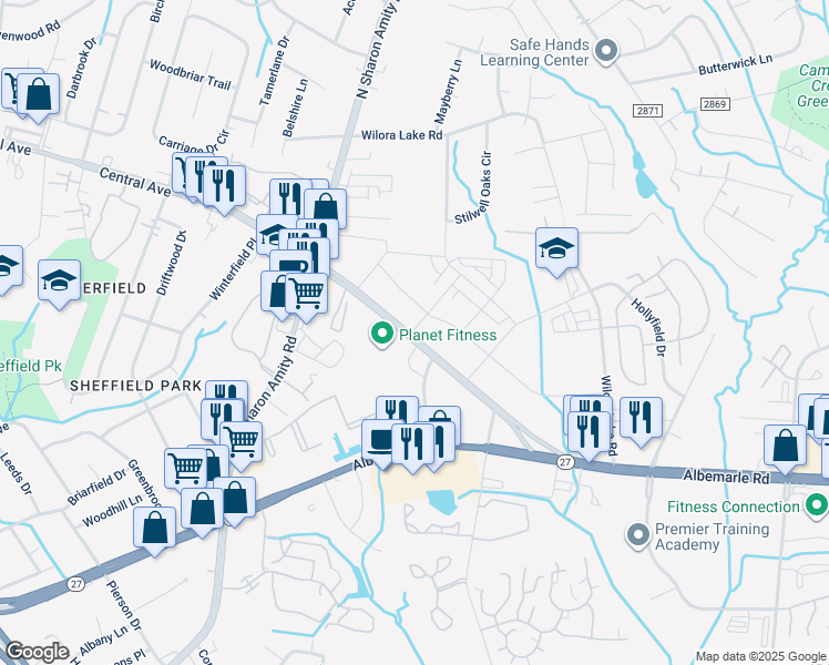 map of restaurants, bars, coffee shops, grocery stores, and more near 5601 Central Avenue in Charlotte