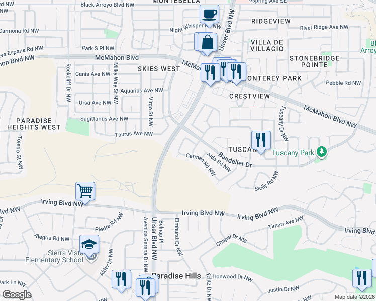 map of restaurants, bars, coffee shops, grocery stores, and more near 10419 La Traviata Place Northwest in Albuquerque