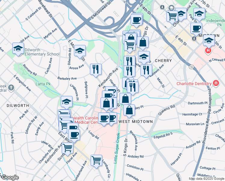 map of restaurants, bars, coffee shops, grocery stores, and more near 924 Monticello Terrace in Charlotte