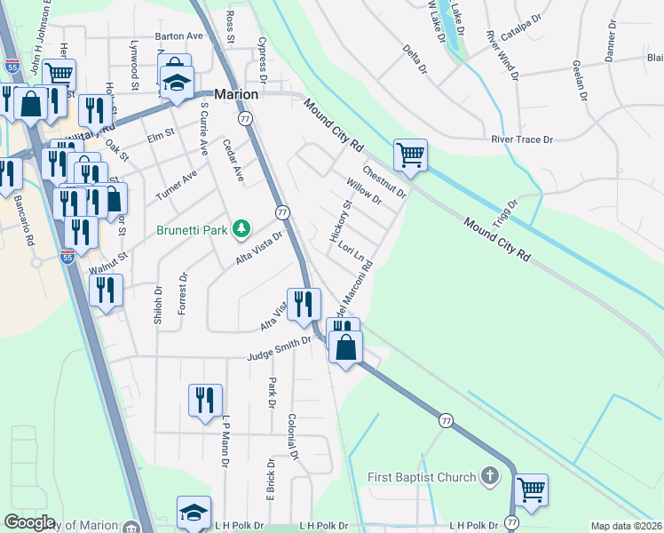 map of restaurants, bars, coffee shops, grocery stores, and more near 121 Lori Lane in Marion