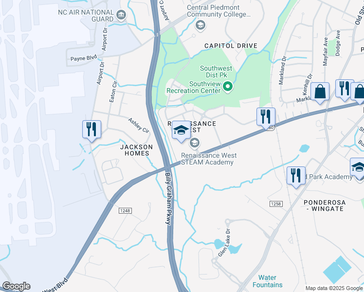 map of restaurants, bars, coffee shops, grocery stores, and more near 3241 New Renaissance Way in Charlotte