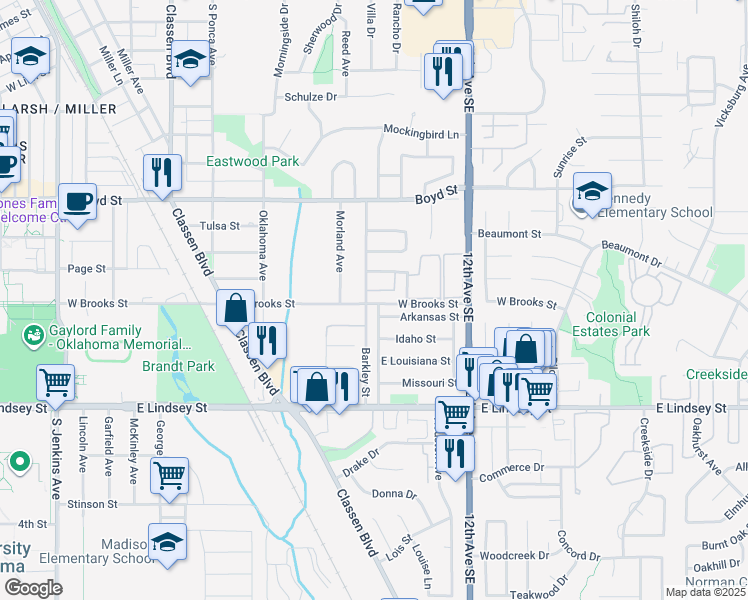 map of restaurants, bars, coffee shops, grocery stores, and more near 901 East Brooks Street in Norman