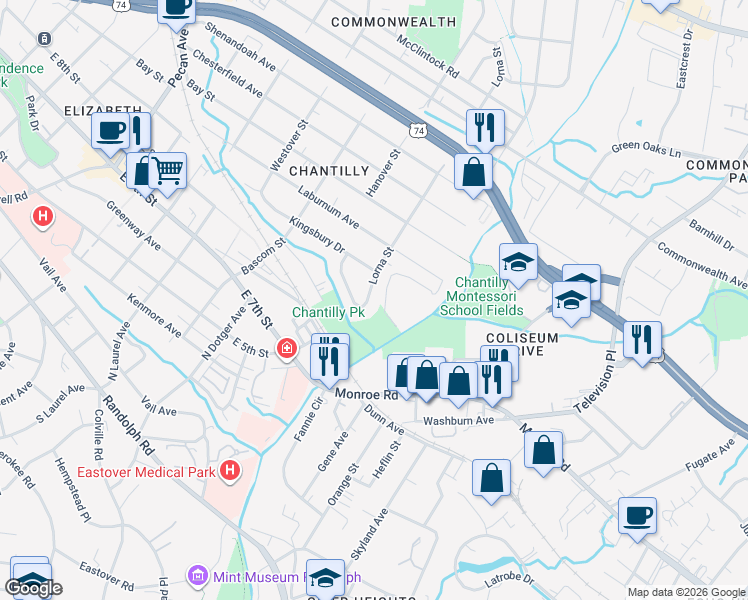 map of restaurants, bars, coffee shops, grocery stores, and more near 524 Lorna Street in Charlotte