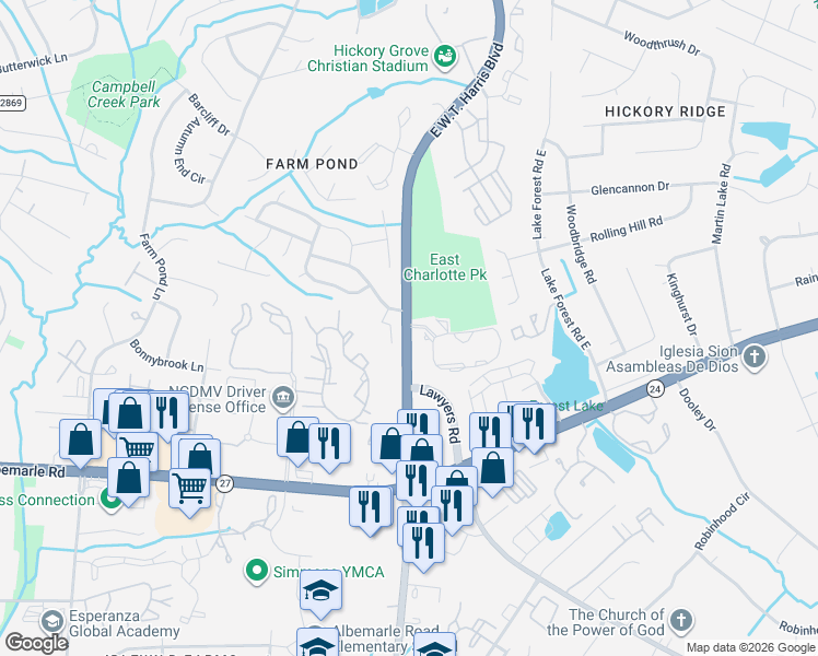 map of restaurants, bars, coffee shops, grocery stores, and more near E W T Harris Blvd & Harris Park Dr in Charlotte