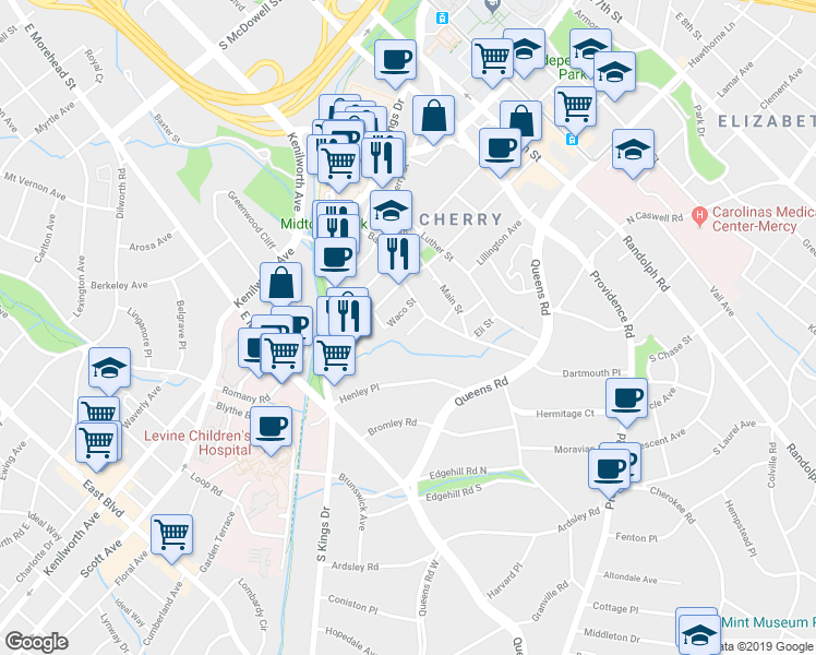 map of restaurants, bars, coffee shops, grocery stores, and more near 616 Welker Street in Charlotte
