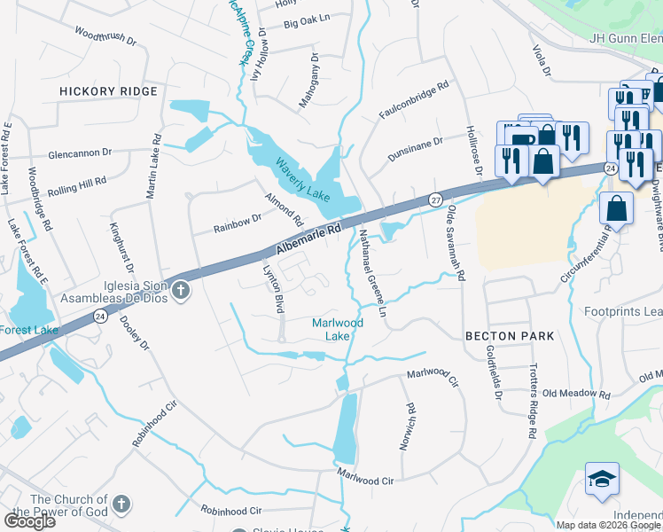 map of restaurants, bars, coffee shops, grocery stores, and more near 8018 Nathanael Greene Lane in Charlotte