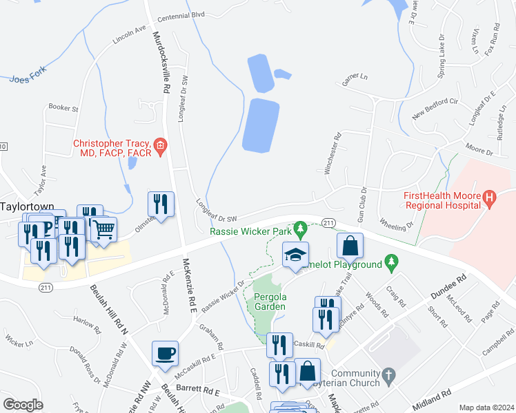 map of restaurants, bars, coffee shops, grocery stores, and more near 229 Longleaf Drive Southwest in Pinehurst