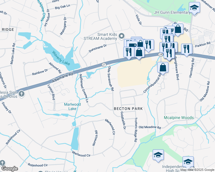 map of restaurants, bars, coffee shops, grocery stores, and more near 8131 Jamison Place Court in Charlotte