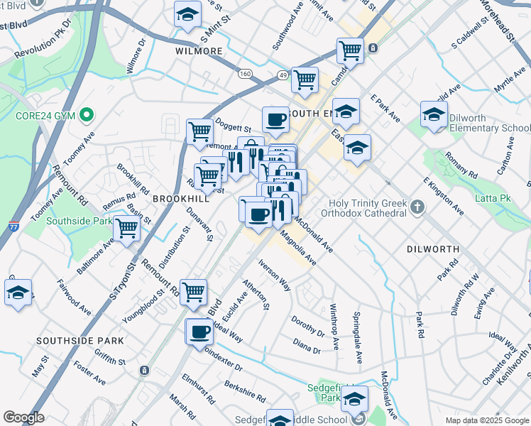 map of restaurants, bars, coffee shops, grocery stores, and more near 2108 South Boulevard in Charlotte